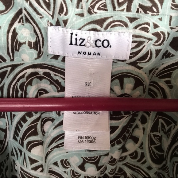 Liz Co. SzW3X Short Sleeves Cotton Aqua/Blk Graphic Print  Button Front Collar - Picture 3 of 6